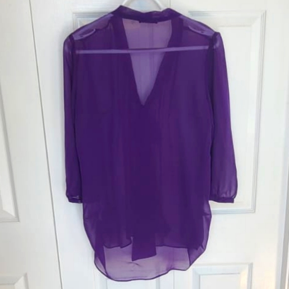 Dex Sheer Purple V-Neck Bow Front Blouse Size M - Picture 3 of 7